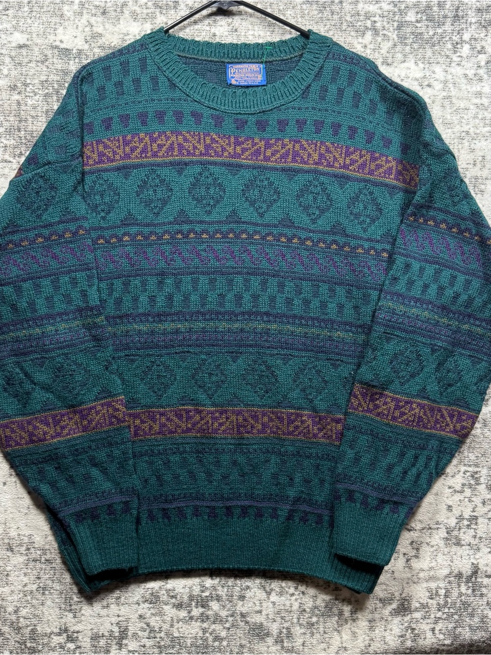 Men's Teal Patterned Crewneck Sweater - Unknown Brand